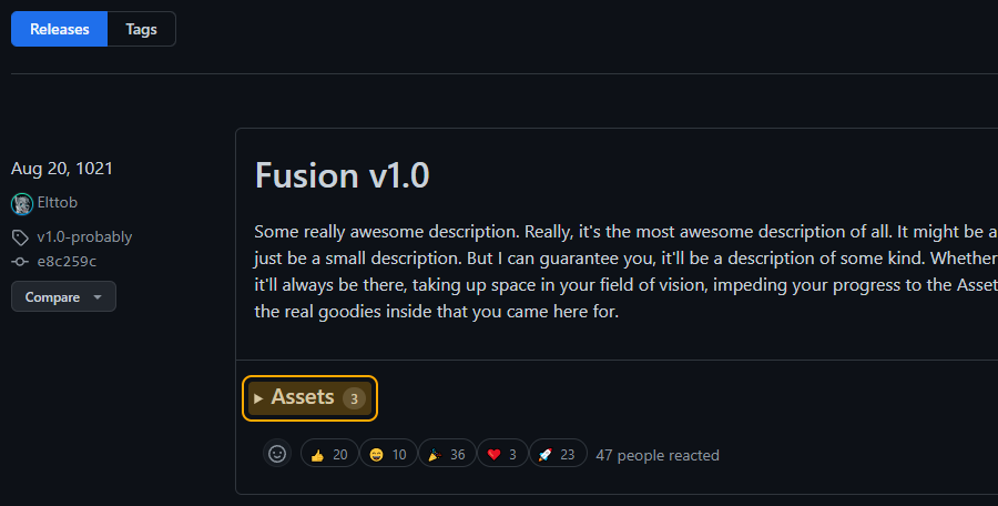 Picture of Fusion's GitHub Releases page, with the Assets dropdown highlighted.