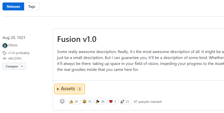 Picture of Fusion's GitHub Releases page, with the Assets dropdown highlighted.