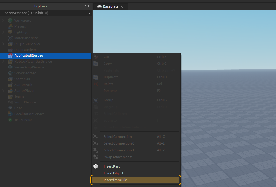 ReplicatedStorage is right-clicked, showing a context menu of items. Insert from File is highlighted.
