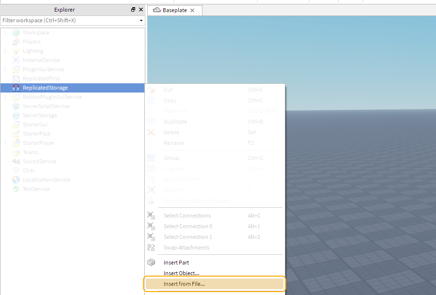 ReplicatedStorage is right-clicked, showing a context menu of items. Insert from File is highlighted.