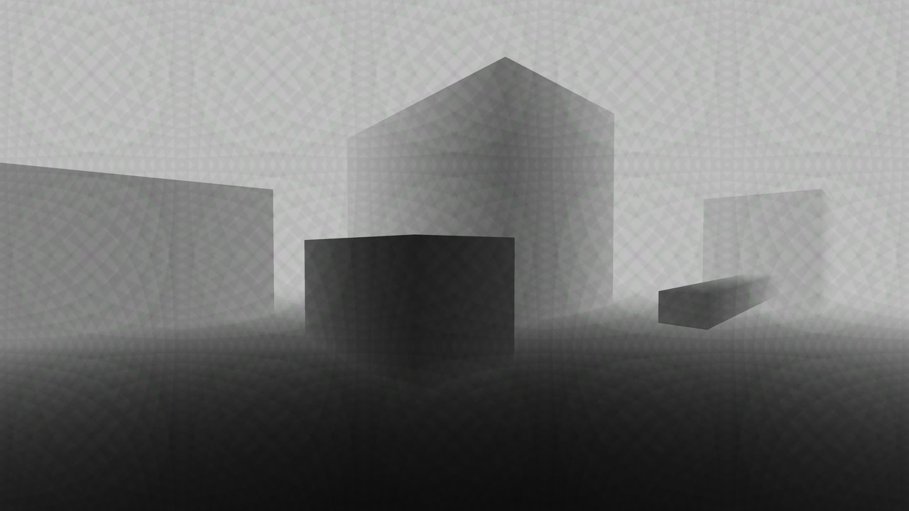 A scene with blocks fading out into fog. The fog has regular colour banding and unwanted repeating visual artifacts which appear distracting.