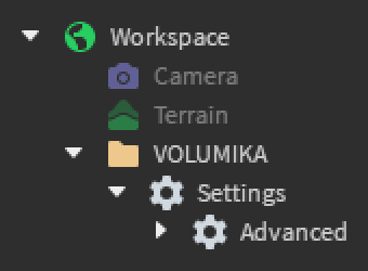 The VOLUMIKA folder is placed in the Workspace. Inside is a 'Settings' instance, which itself houses another 'Advanced' settings instance.