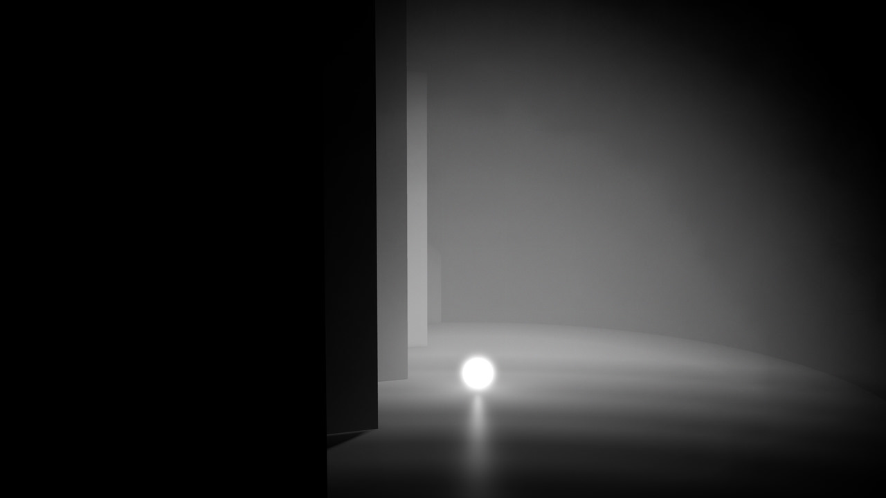 A glowing ball next to some walls spaced evenly into the distance, to demonstrate the normal depth of the fog.