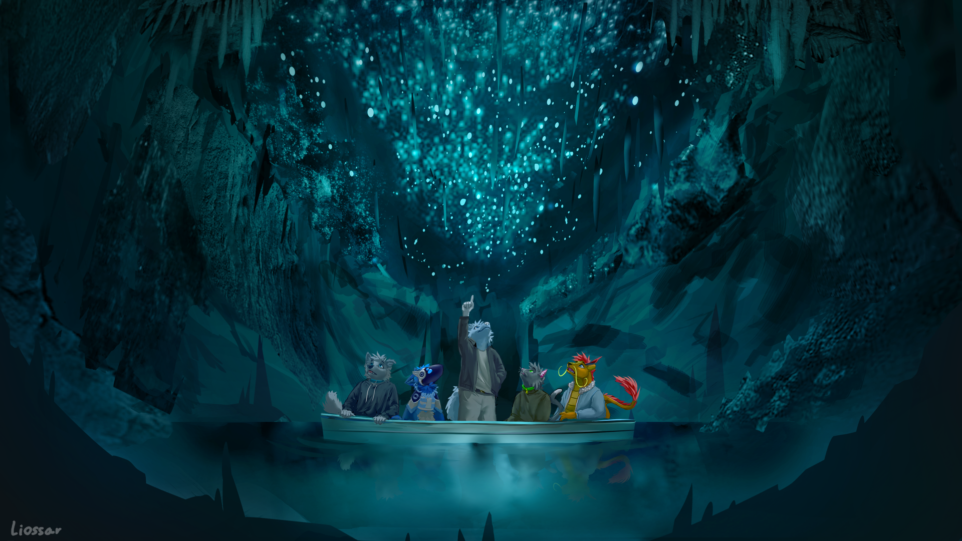 Dan, Cobalt, Frost, Pear and Ziti are in a boat in a glow worm cave. Frost is standing up and pointing to the ceiling, with the others sitting and looking up. Bioluminescent teal light shines from constellations of glowing points on the ceiling above, with rocky cave walls framing the scene.