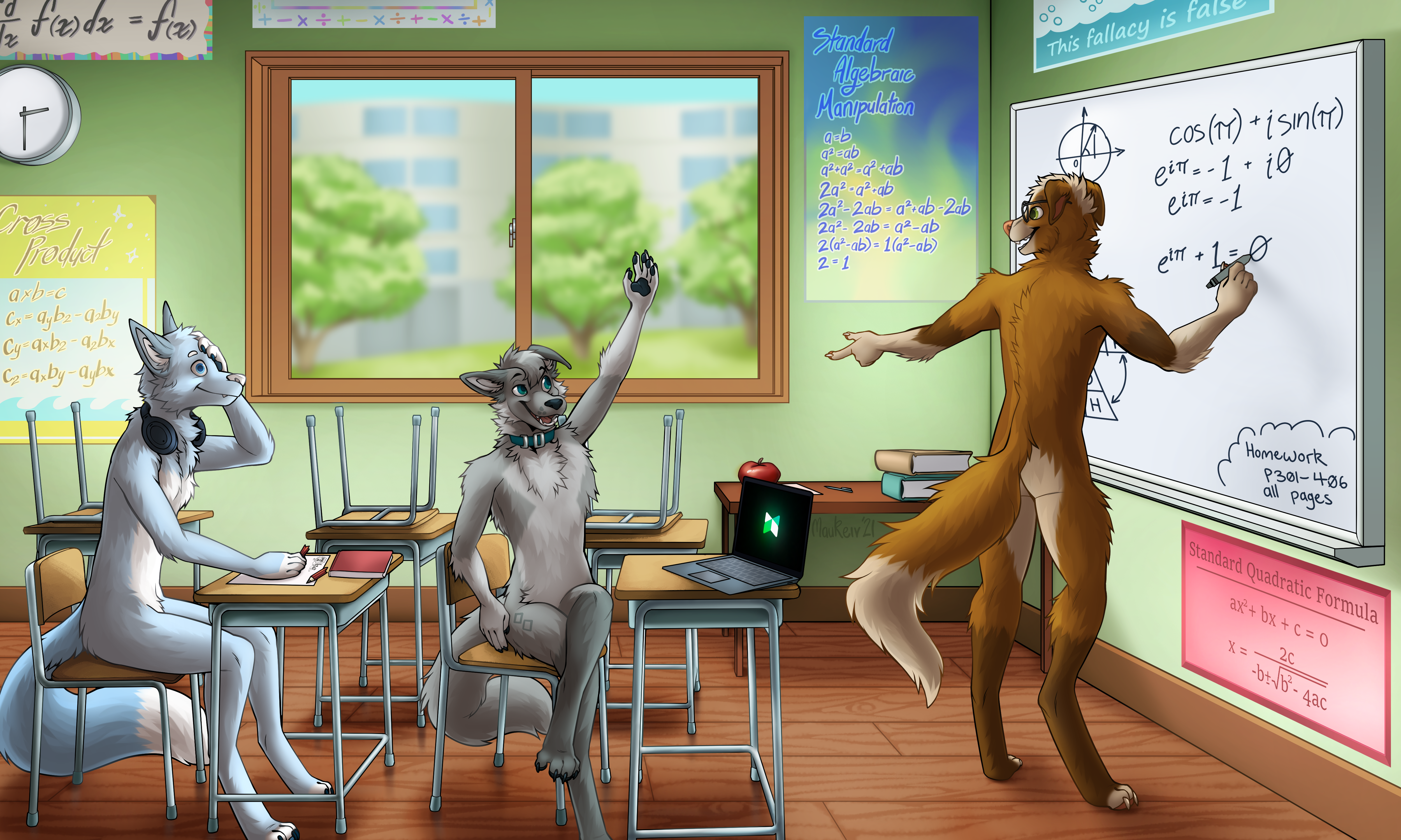 Trey, Dan and Frost are in a maths classroom. Trey is writing equations on a whiteboard, and pointing to Dan who has their hand raised at their desk. Frost sits lost at the desk behind.